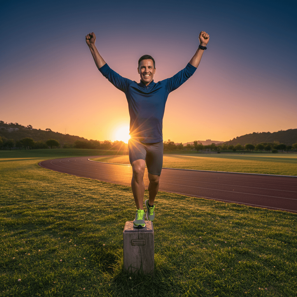 Athlete célébrant une étape de fitness au lever du soleil