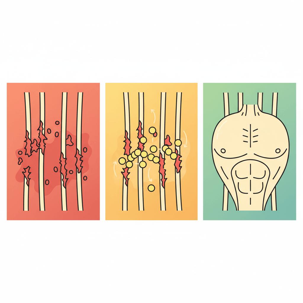 Diagramme vectoriel simple montrant trois panneaux du cycle de croissance musculaire : dommages teintés de rouge avec des fibres déchirées, réparation teintée de jaune avec des cellules satellites se déplaçant vers les fibres, et hypertrophie teintée de vert avec des fibres plus épaisses.