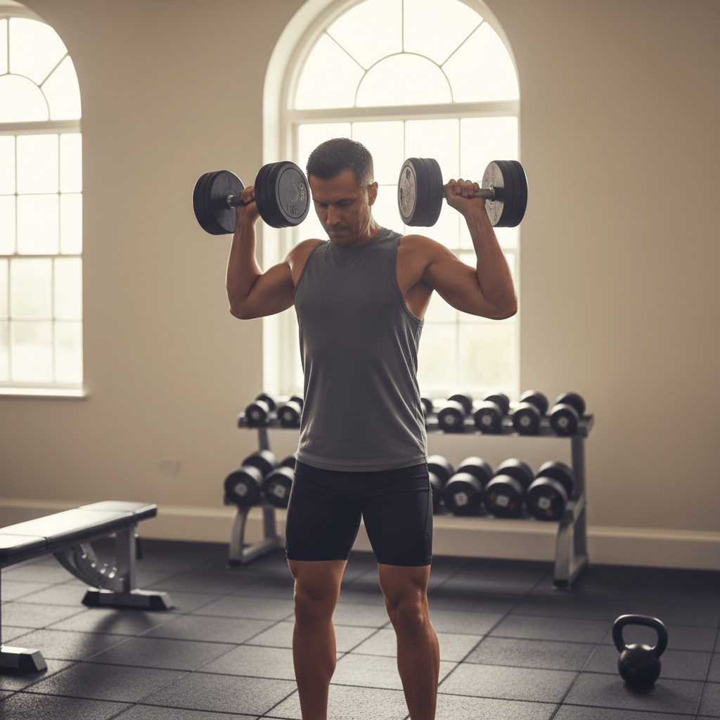 Une personne effectuant un développé épaule avec haltères dans une salle de sport propre, montrant une bonne forme et un engagement musculaire visible, avec des haltères ajustables et un kettlebell en arrière-plan.