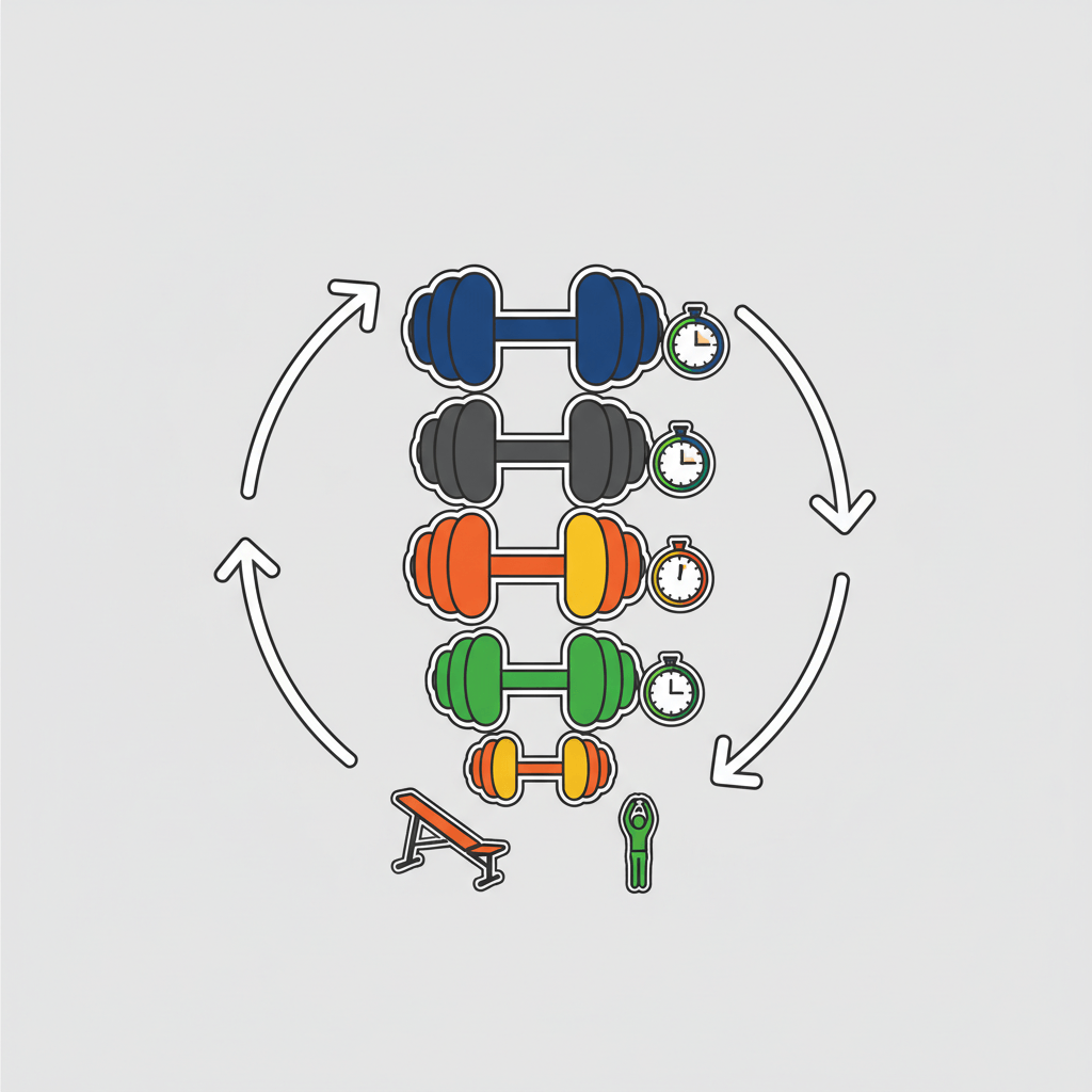 Diagramme concept montrant cinq haltères empilés avec des icônes de chronomètre et des symboles de récupération