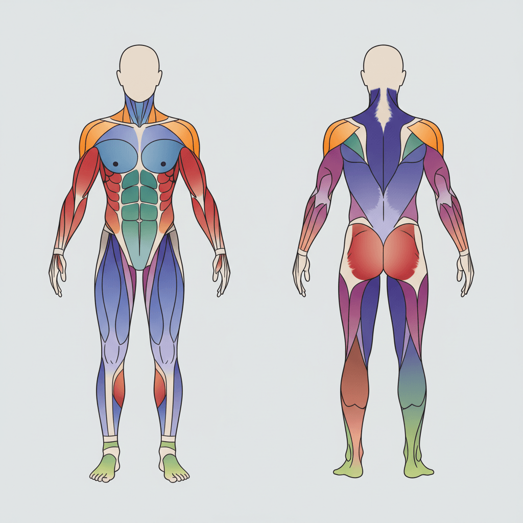 Carte musculaire anatomique mettant en évidence la poitrine, les épaules, le dos supérieur, les dorsaux, les biceps, les triceps, les avant-bras, les quadriceps, les ischio-jambiers, les fessiers, les mollets et le tronc