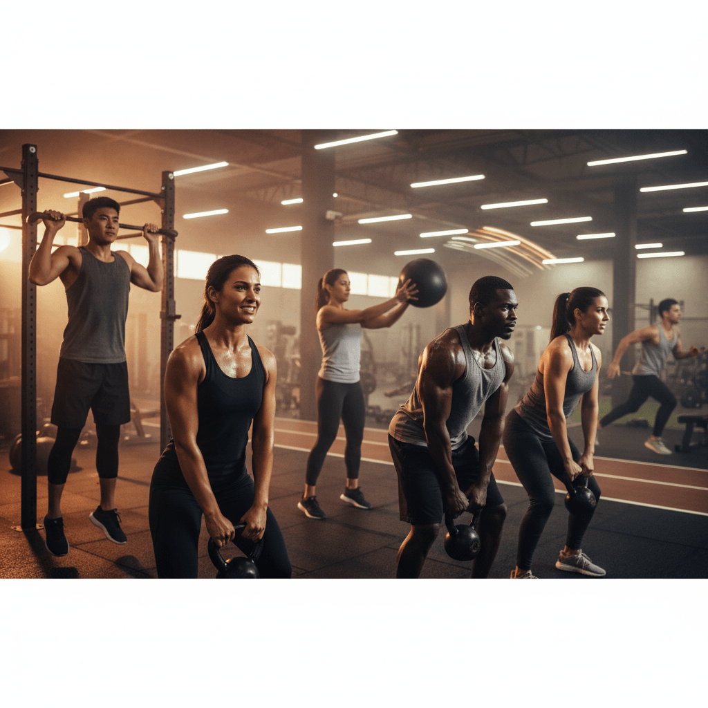 Un groupe diversifié d'athlètes s'entraînant ensemble dans une salle de sport