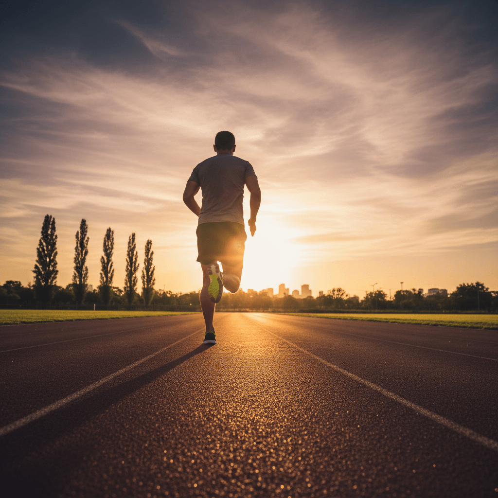 Coureur au lever du soleil sur une piste évoquant l'intensité et la transformation